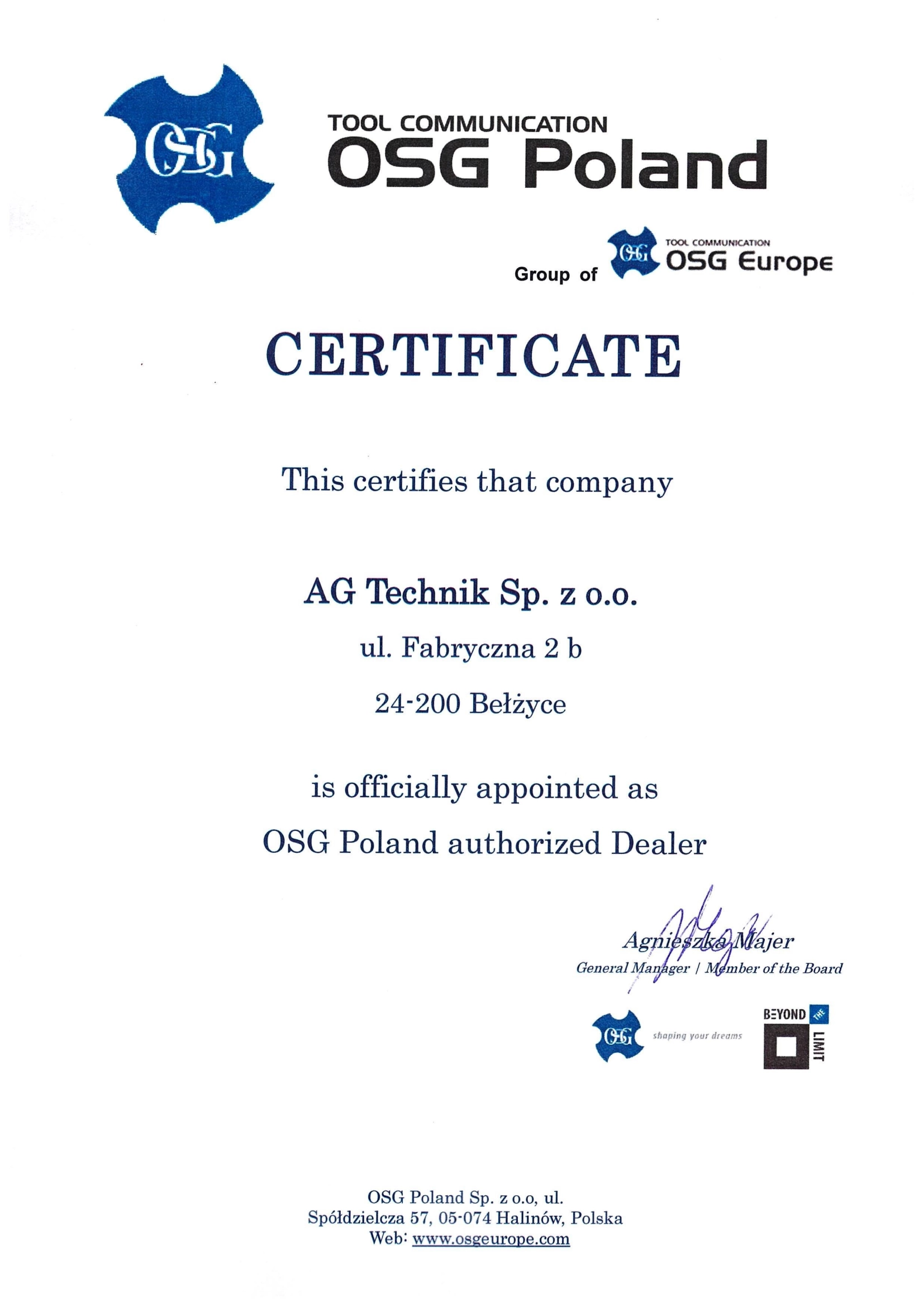 AG TECHNIK Autoryzowany Dystrybutor Firmy OSG Certyfikat