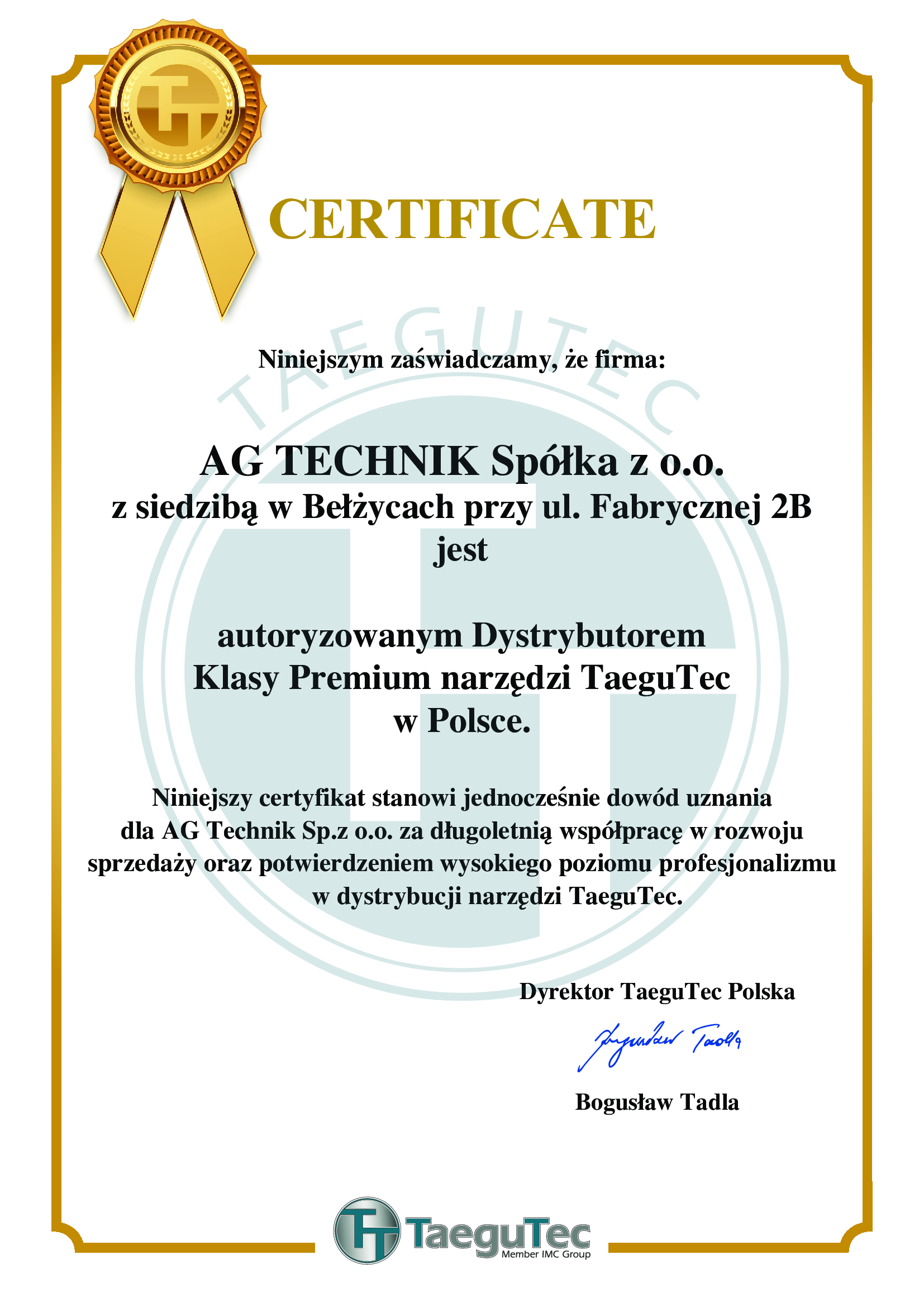 AG TECHNIK Autoryzowany Dystrybutor Firmy TaeguTec certyfikat 2023