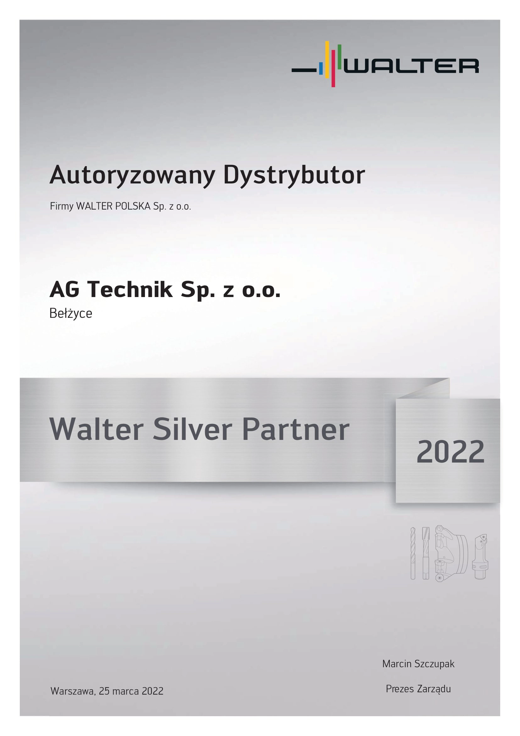 AG TECHNIK Autoryzowany Dystrybutor Firmy Walter Polska certyfikat