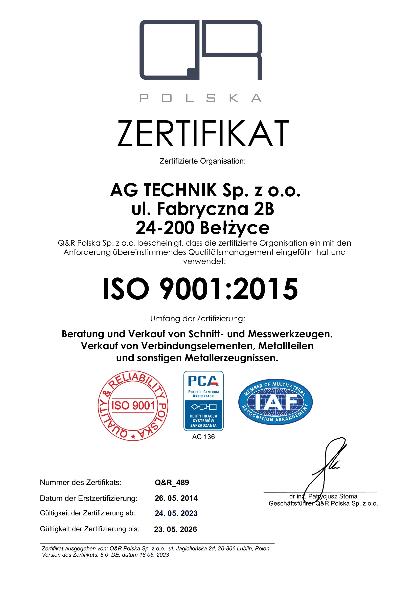 Certyfikat ISO 9001-2015 Q&R_489 AG Technik ver 8.0 DE