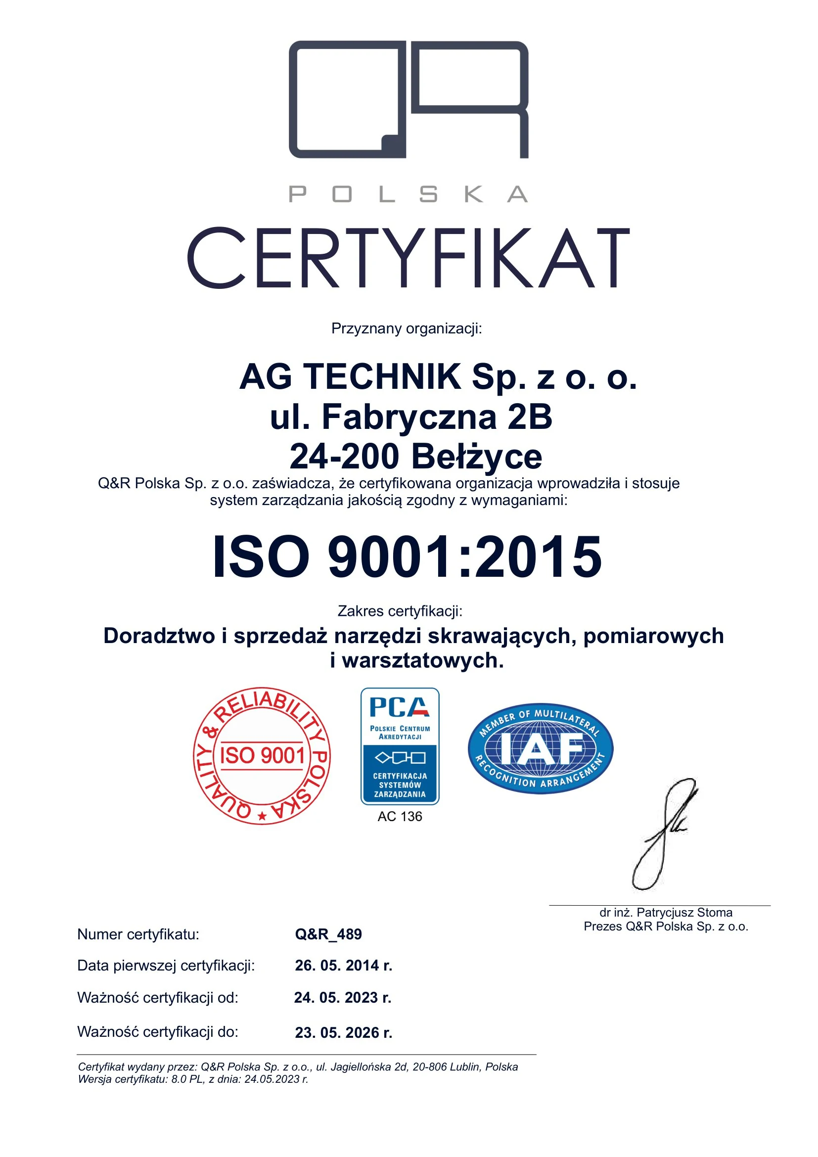Certyfikat ISO 9001-2015 Q&R_489 AG Technik ver 8.0 PL